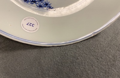 A Chinese blue and white 'Three friends of winter' dish, Xuande mark, Kangxi